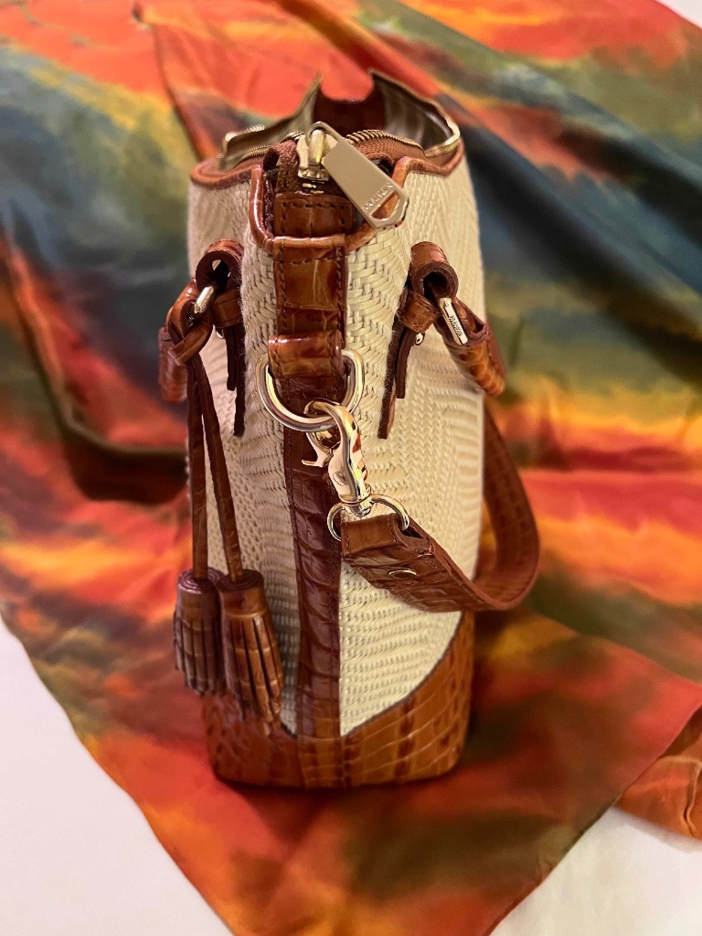 Brahmin Woven Herringbone Straw & Croc Leather Tassel Hobo Shoulder Bag - Picture 3 of 10
